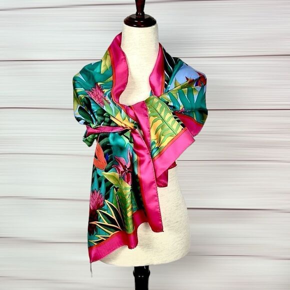 Perry Ellis Oblong Silk Scarf Bright Green Pink Tropical Floral 17x64” Japan Vtg - Picture 3 of 12